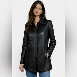 GAP 90s Minimalist Genuine Leather Car Coat – Black Soft Leather Jacket.Size SM